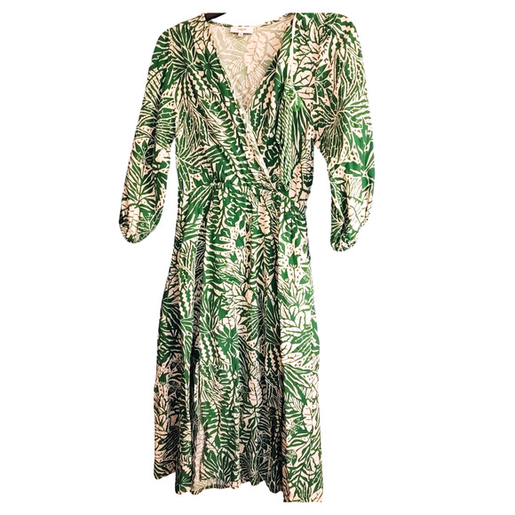Suncoo Paris Robe Cotty Green Dress Floral Leaf Pattern Boho Beach (2-4) S - Picture 4 of 7